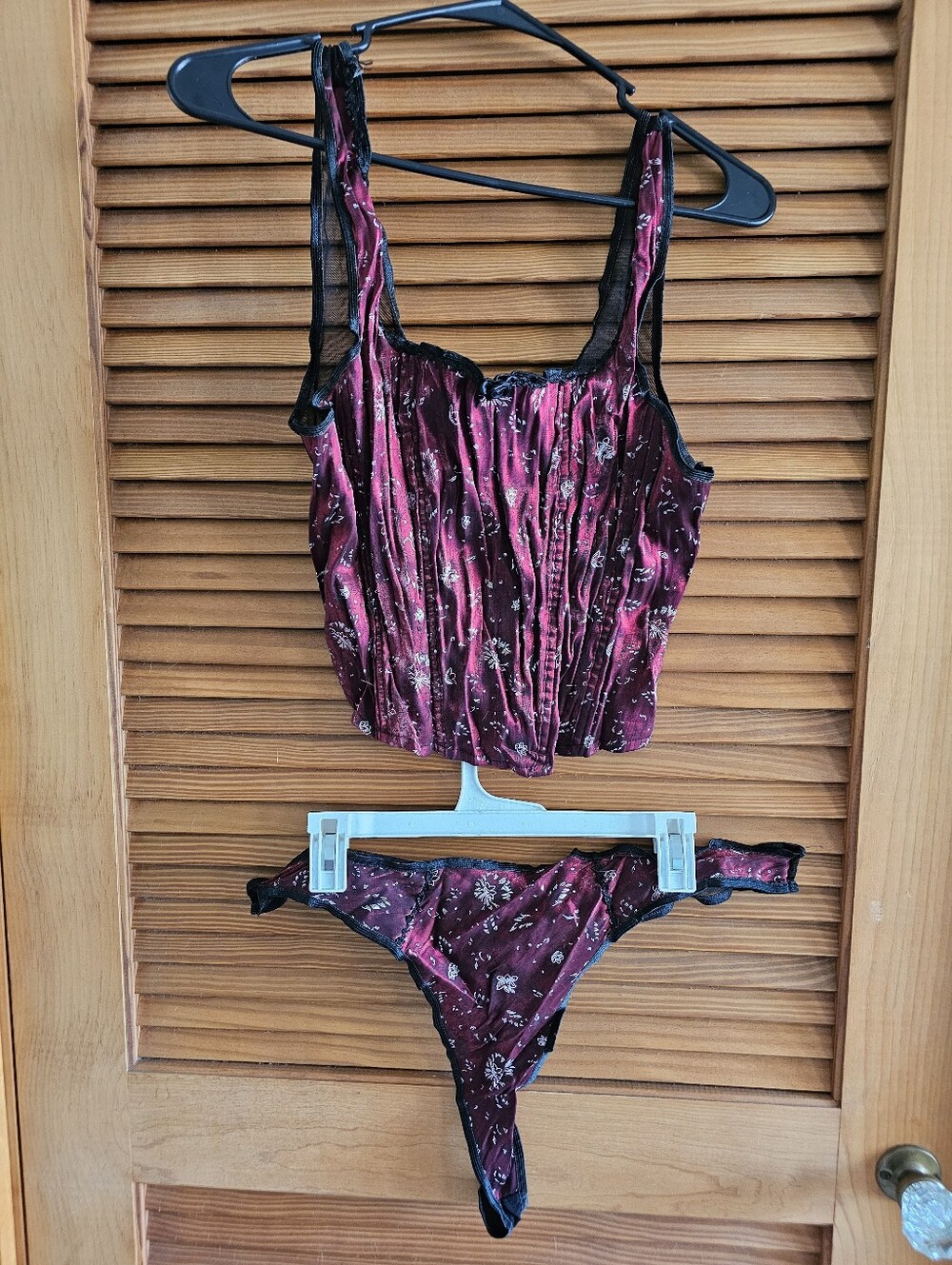 Women's Burgundy Floral Lingerie Set - Corset Style Top & Thong